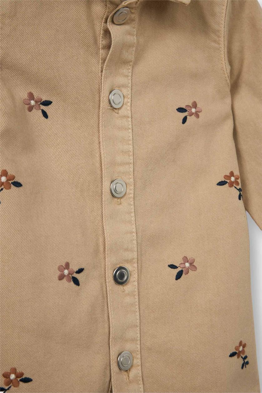 Kız Bebek Ekru Çiçekli Uzun Kollu Jean Elbise Kız Bebek