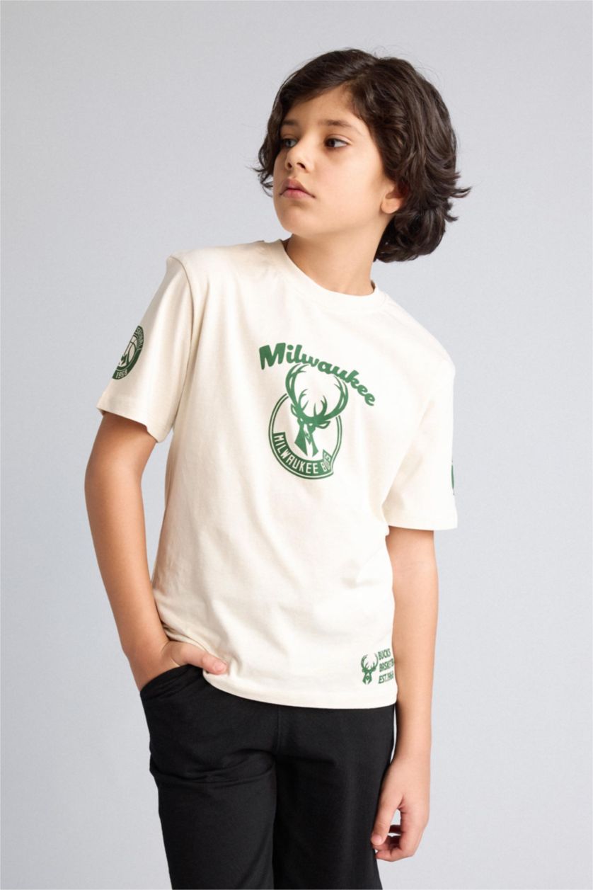 Erkek Çocuk - Genç Erkek Ekru NBA Mılwaukee Bucks Tişört Erkek Çocuk