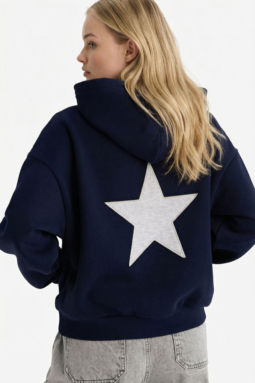 Kadın Lacivert Oversıze Kapüşonlu Kalın Kumaş Sweatshirt