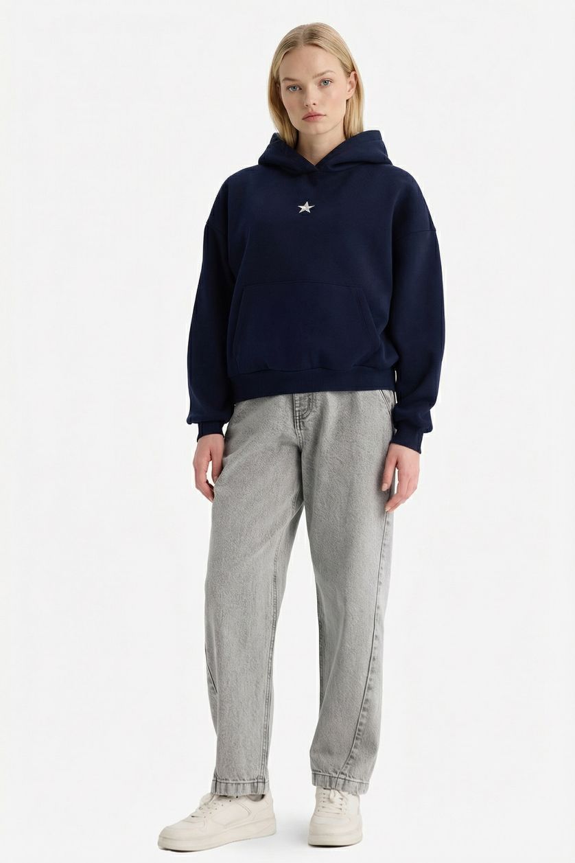 Kadın Lacivert Oversıze Kapüşonlu Kalın Kumaş Sweatshirt