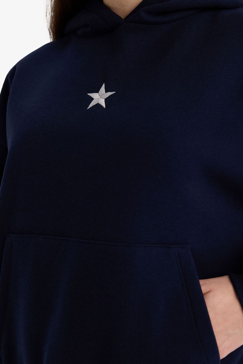 Kadın Lacivert Oversıze Kapüşonlu Kalın Kumaş Sweatshirt