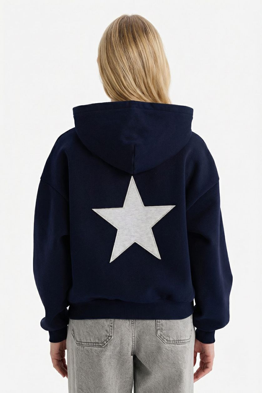 Kadın Lacivert Oversıze Kapüşonlu Kalın Kumaş Sweatshirt