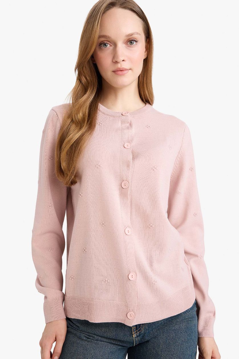 Kadın Açık Pembe Regular Fıt Bisiklet Yaka Triko Hırka