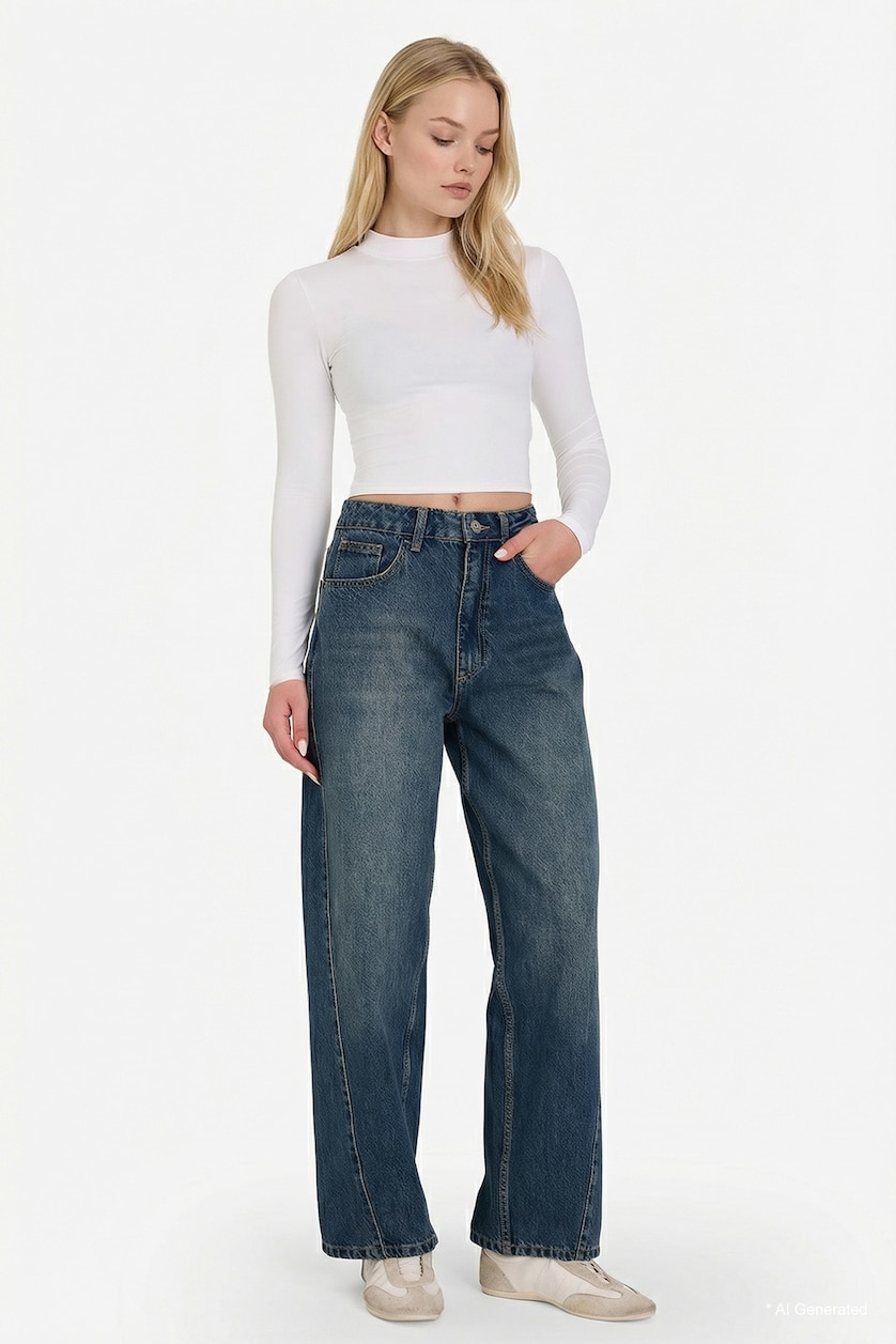 FEMME Bleu Jean taille haute Coupe baril