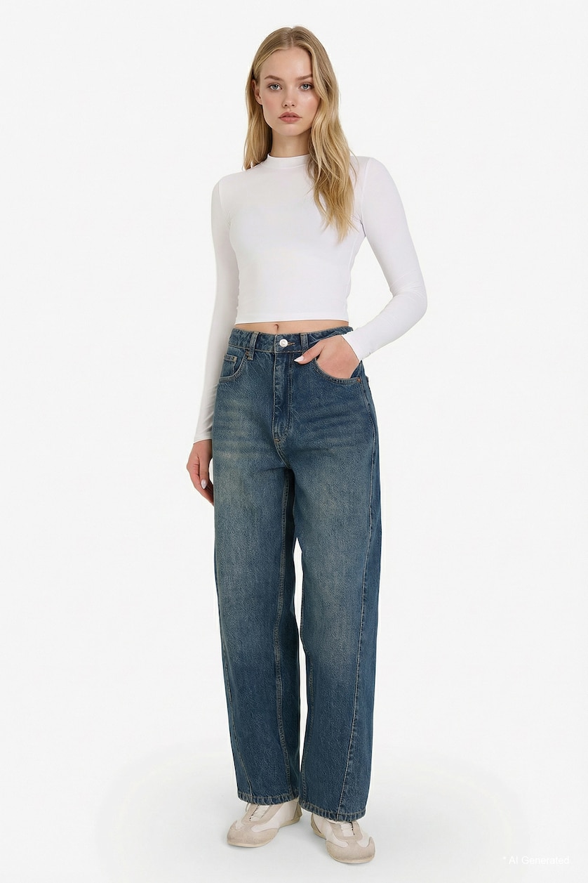 FEMME Bleu Jean taille haute Coupe baril