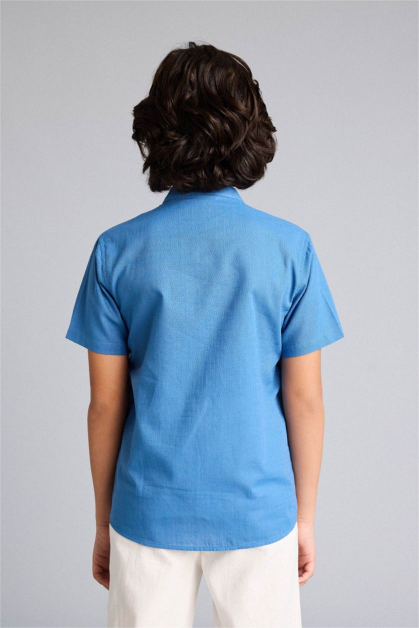 أولاد أزرق غامق قميص ولادي نص ردن ذو مظهر كتان قصة عادية