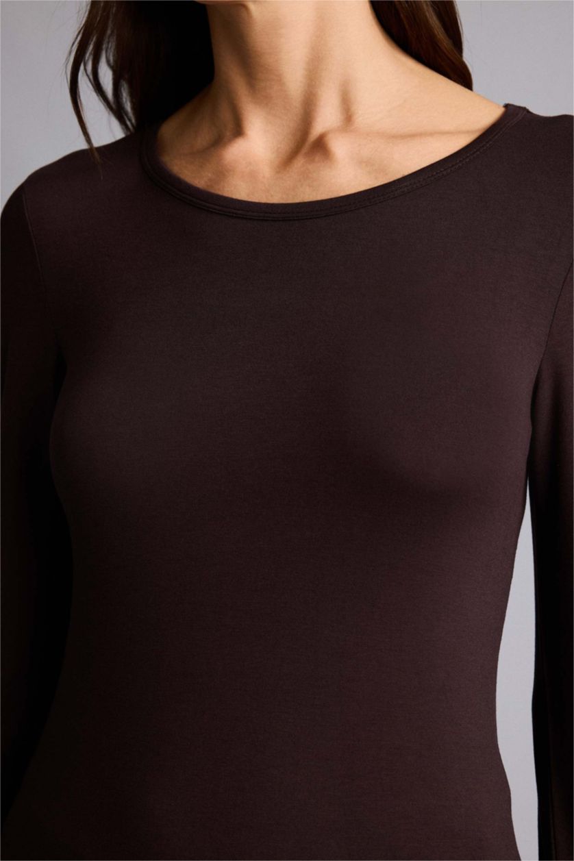 FEMME Marron Haut à col rond et manches longues