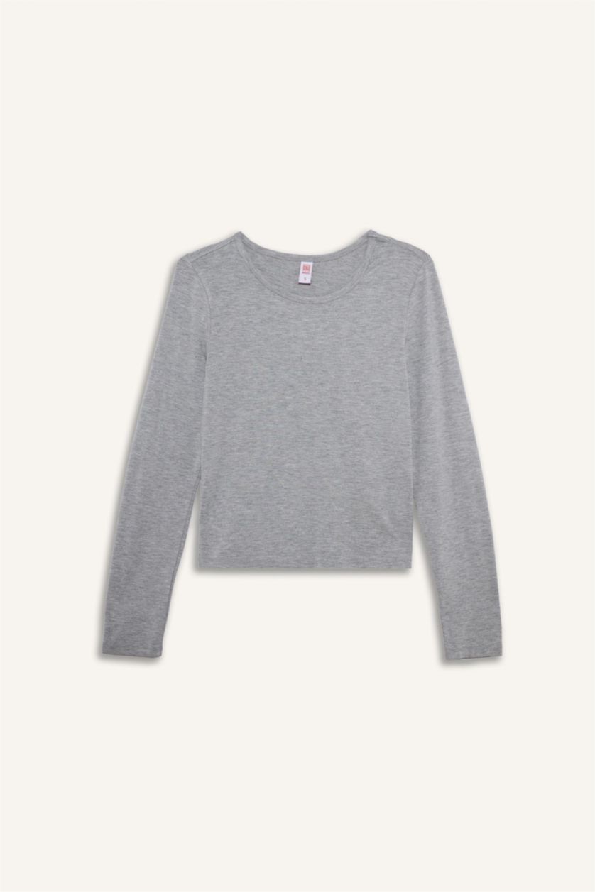 WOMAN Grey Melange Crew Neck Long Sleeve Pajama Top