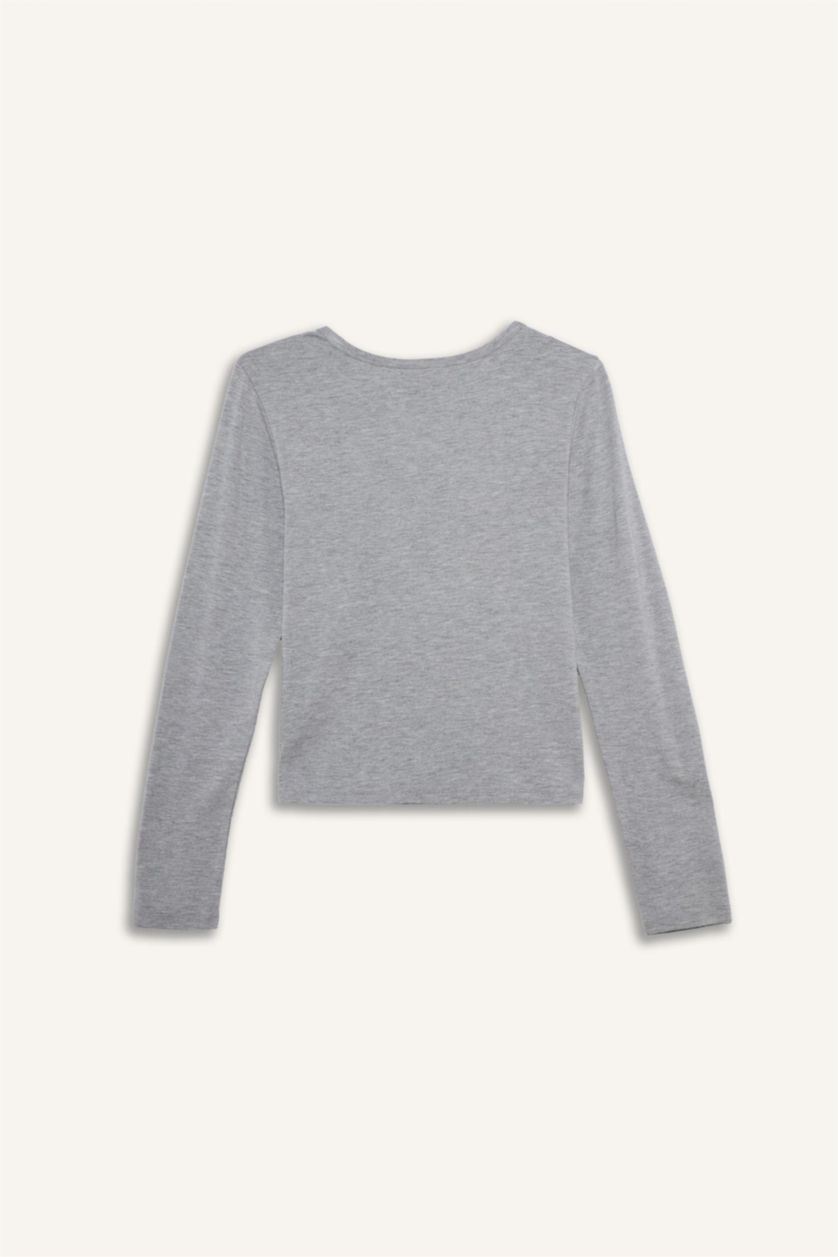 WOMAN Grey Melange Crew Neck Long Sleeve Pajama Top