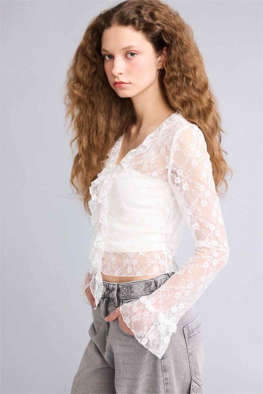 Әйелдерге АҚ ұзын бұлшықет пішімі v жаға Ұзын Жеңді Блуза