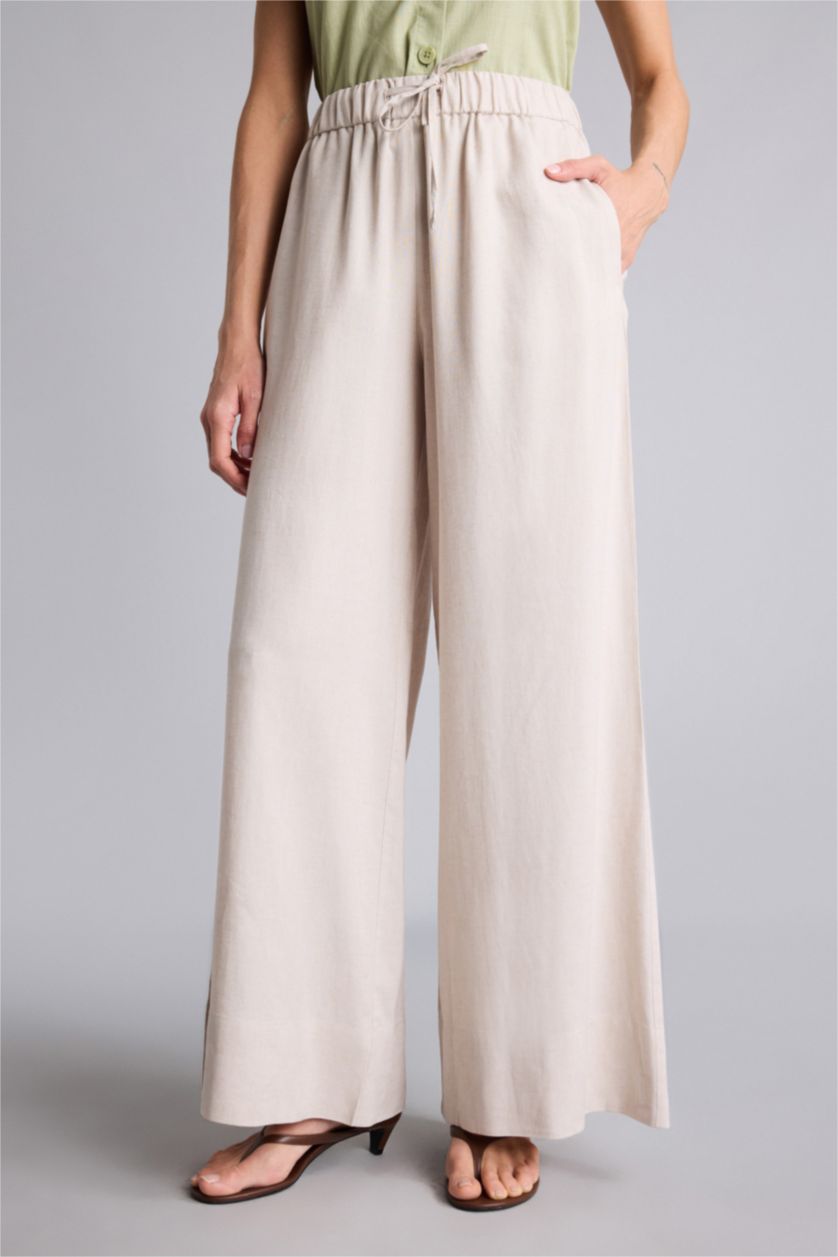 Женщины Бежевый Длинные брюки Wide Leg из смесового льна с нормальной посадкой деталью кармана и широкими штанинами