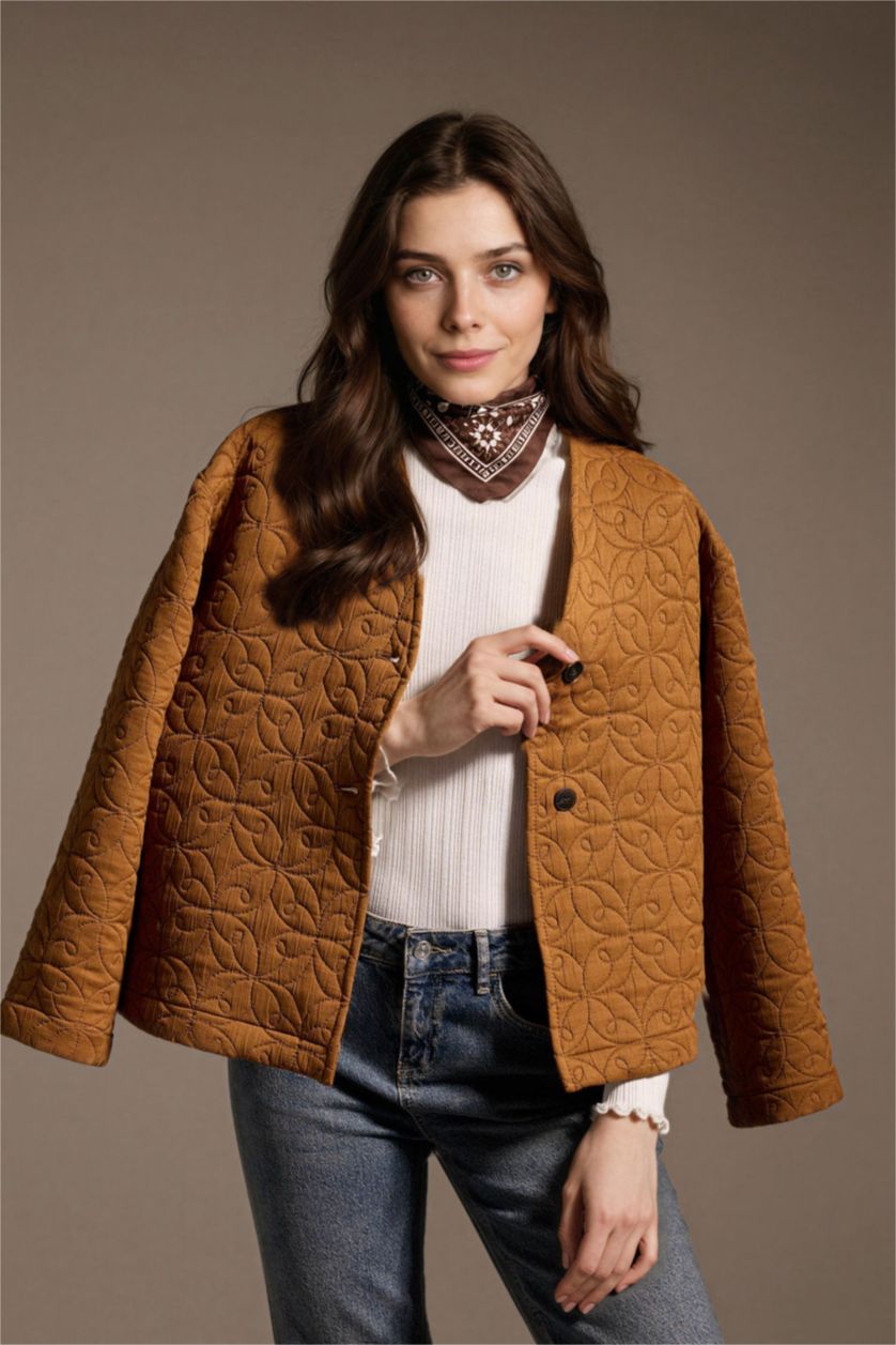 Kadın Camel Regular Fıt V Yaka Blazer Ceket