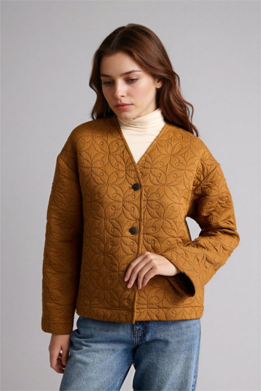 Kadın Camel Regular Fıt V Yaka Blazer Ceket