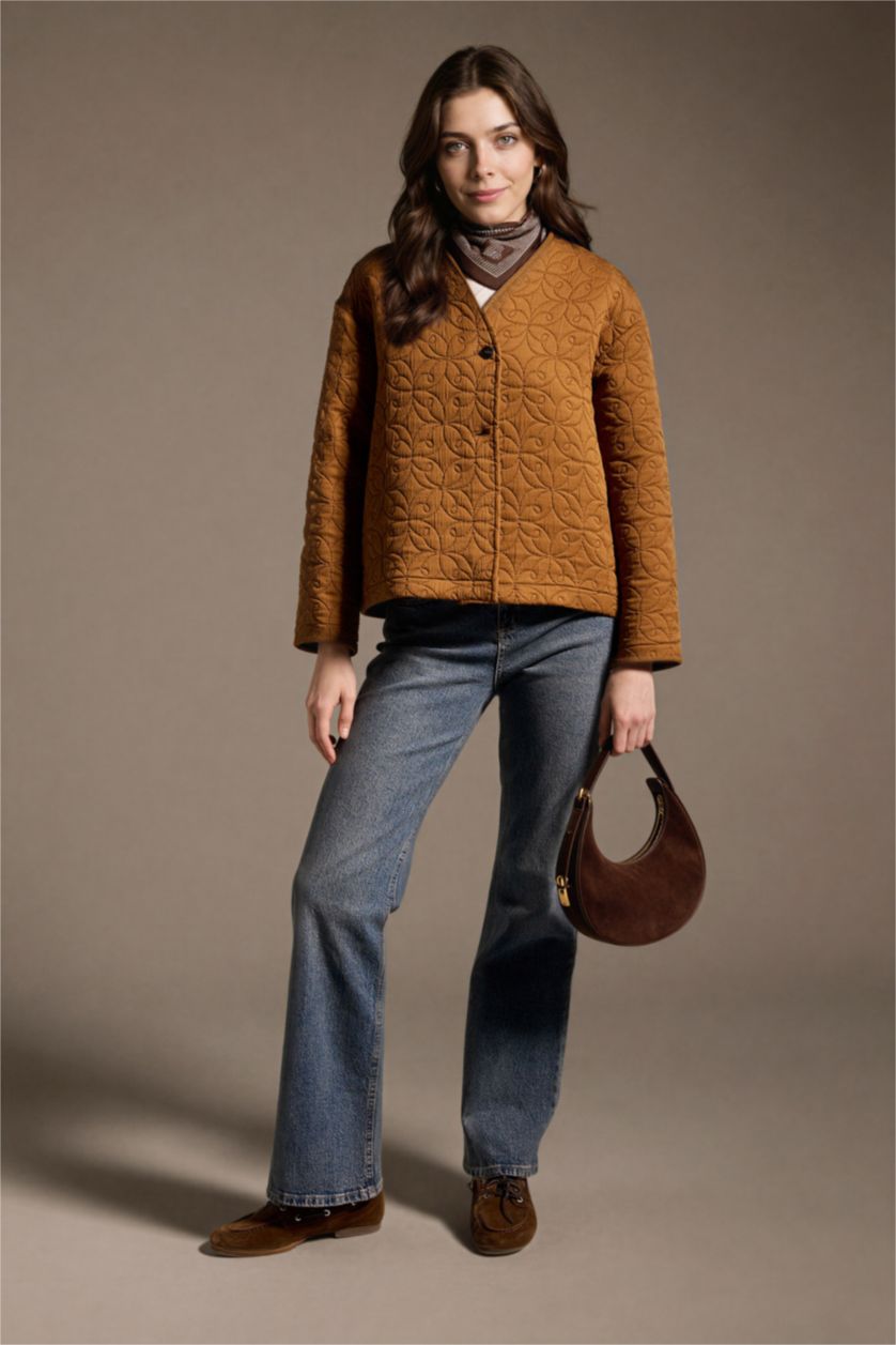 Kadın Camel Regular Fıt V Yaka Blazer Ceket