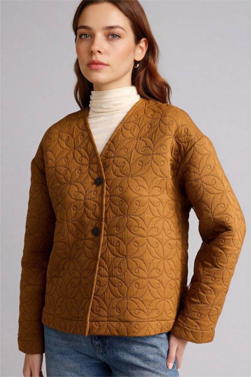 Kadın Camel Regular Fıt V Yaka Blazer Ceket