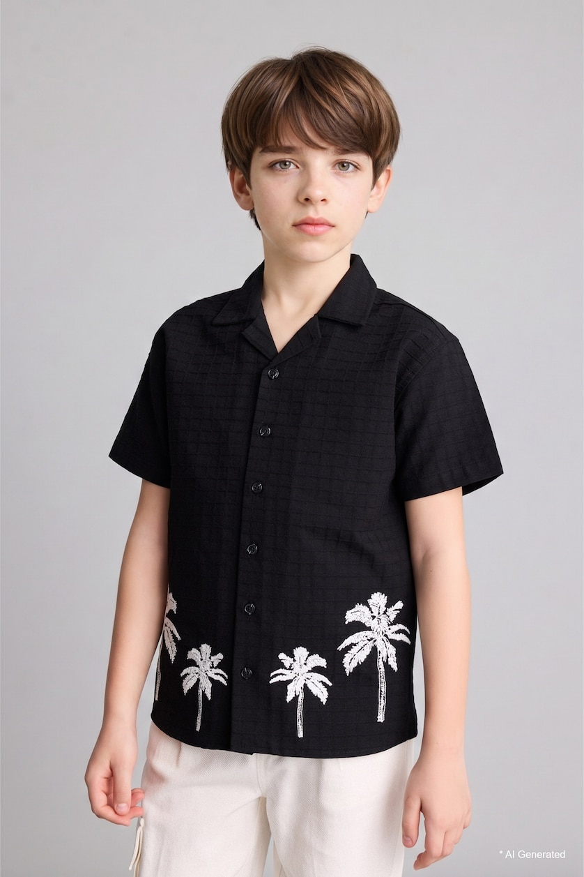 BOYS & TEENS Black Boy Regular Fit Tropical Patterned Short Sleeve Shirt