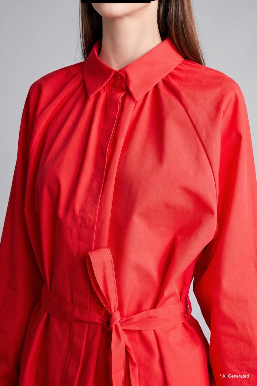 Kadın Kırmızı %100 Pamuk Relaxed Fit Uzun Kollu Poplin Tunik