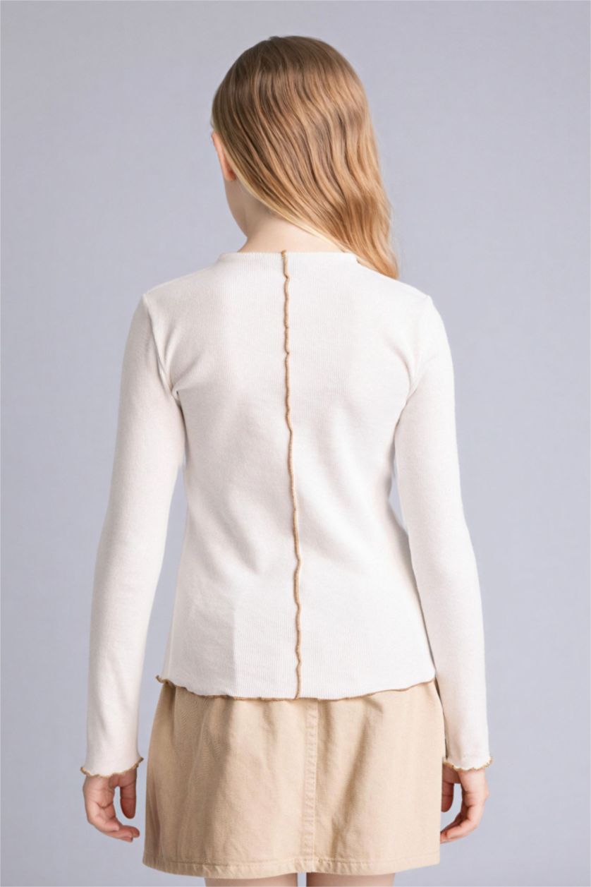 Kız Çocuk - Genç Kız Ekru Yarım Balıkçı Yaka Ribana Tişört Kız Çocuk