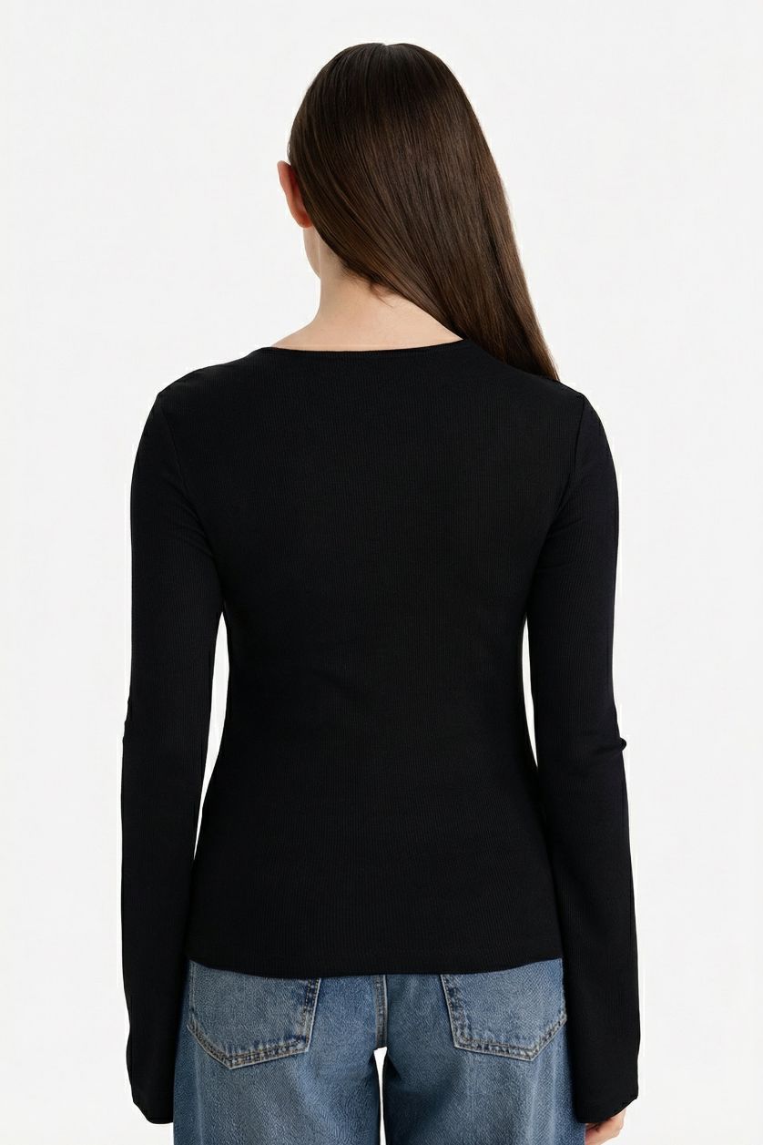 Kadın Siyah Slım Fıt Bisiklet Yaka Fitilli Kaşkorse Uzun Kollu Tişört