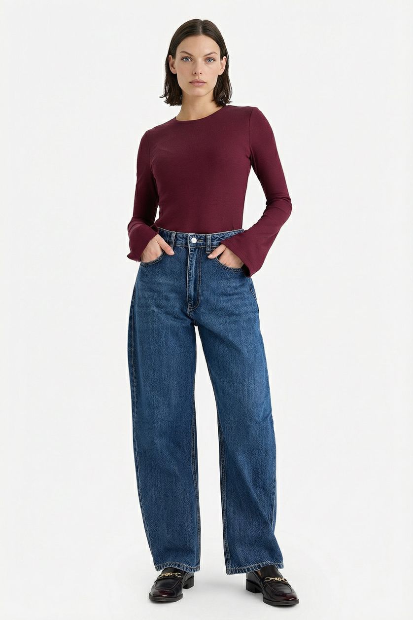 Woman Bordeaux تيشيرت ردن طويل سليم فيت وياخة مستديرة