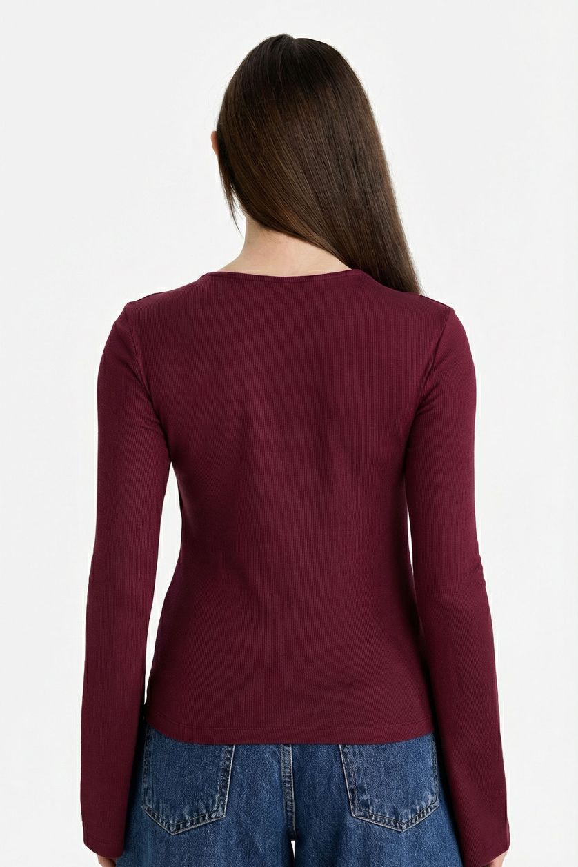 Woman Bordeaux تيشيرت ردن طويل سليم فيت وياخة مستديرة