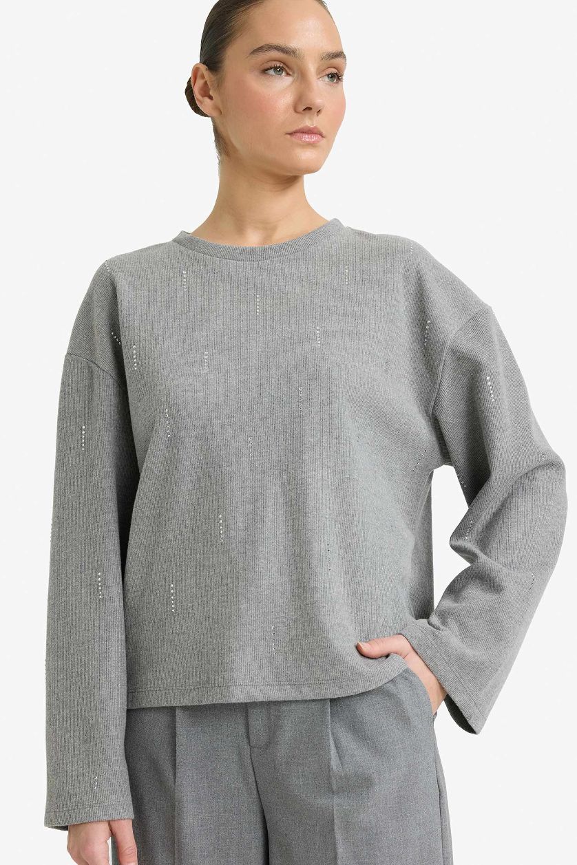 Kadın Gri Melanj Relax Fıt Bisiklet Yaka Uzun Kollu Tişört