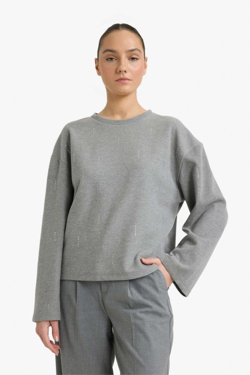 Kadın Gri Melanj Relax Fıt Bisiklet Yaka Uzun Kollu Tişört