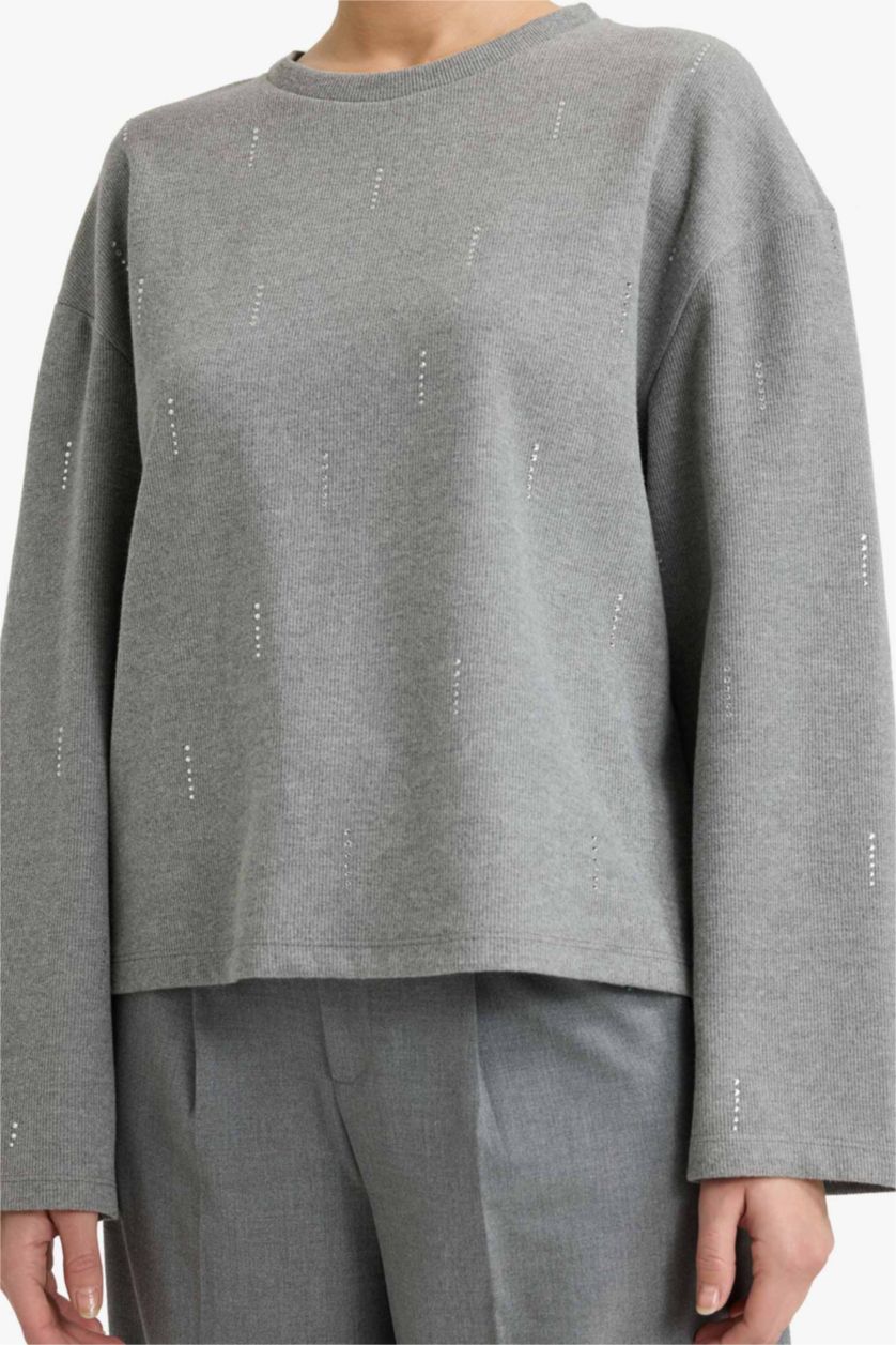 Kadın Gri Melanj Relax Fıt Bisiklet Yaka Uzun Kollu Tişört