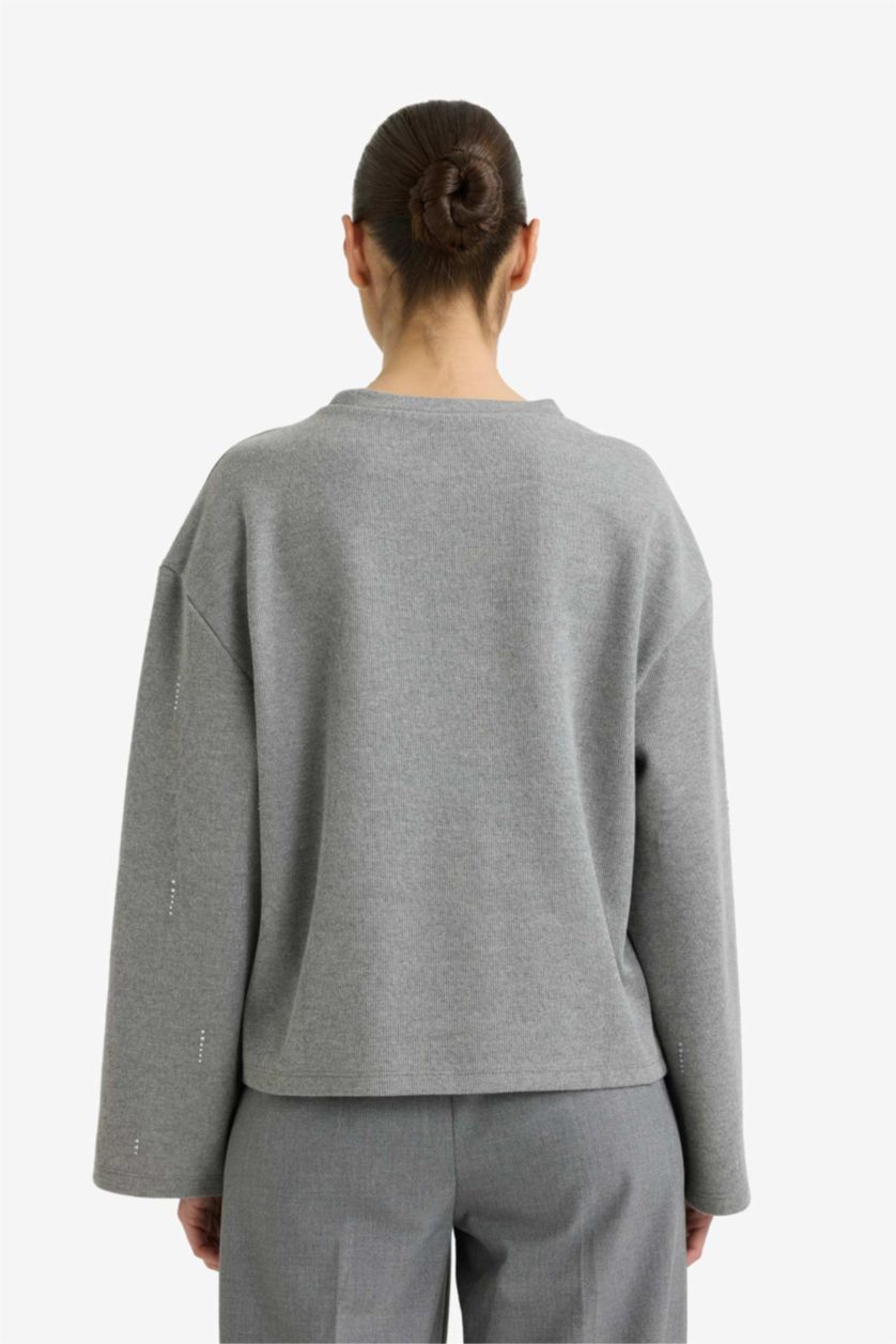 Kadın Gri Melanj Relax Fıt Bisiklet Yaka Uzun Kollu Tişört