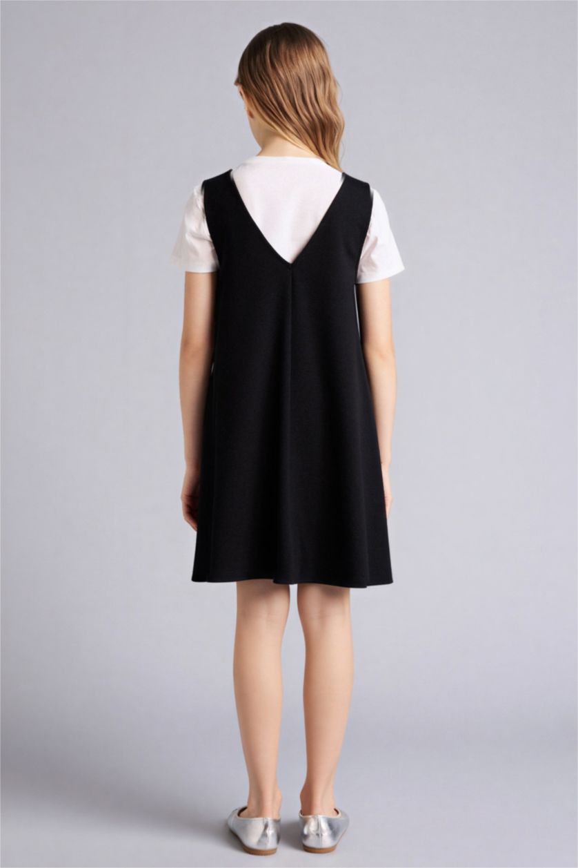 Kız Çocuk - Genç Kız Siyah 2'li Takım Tişört İşlemeli Elbise Kız Çocuk