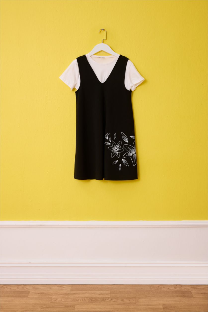 Kız Çocuk - Genç Kız Siyah 2'li Takım Tişört İşlemeli Elbise Kız Çocuk