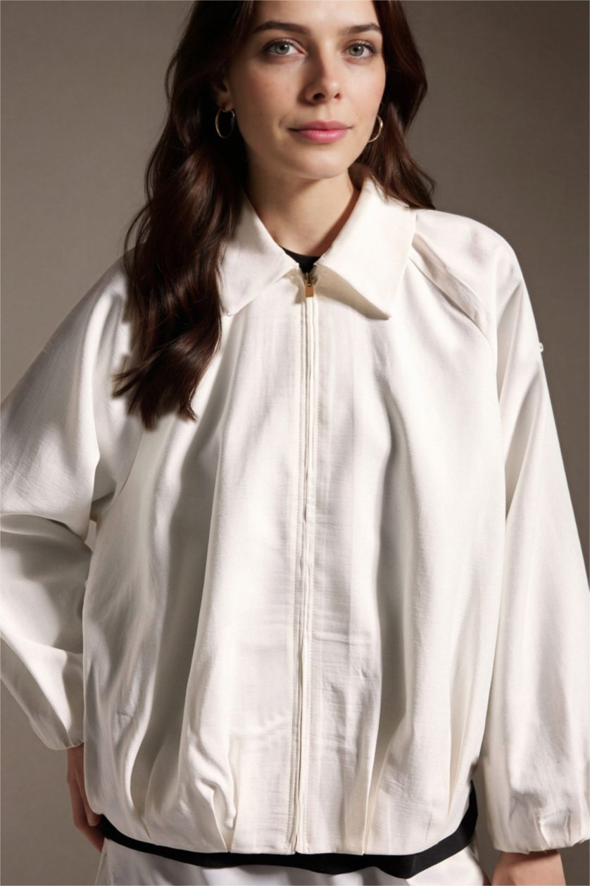 WOMAN Ecru Relax Fit Shirt Collar Woven Blazer
