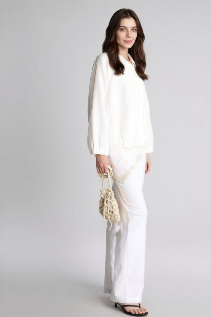 Kadın Ekru Relax Fıt Dokuma Blazer Ceket