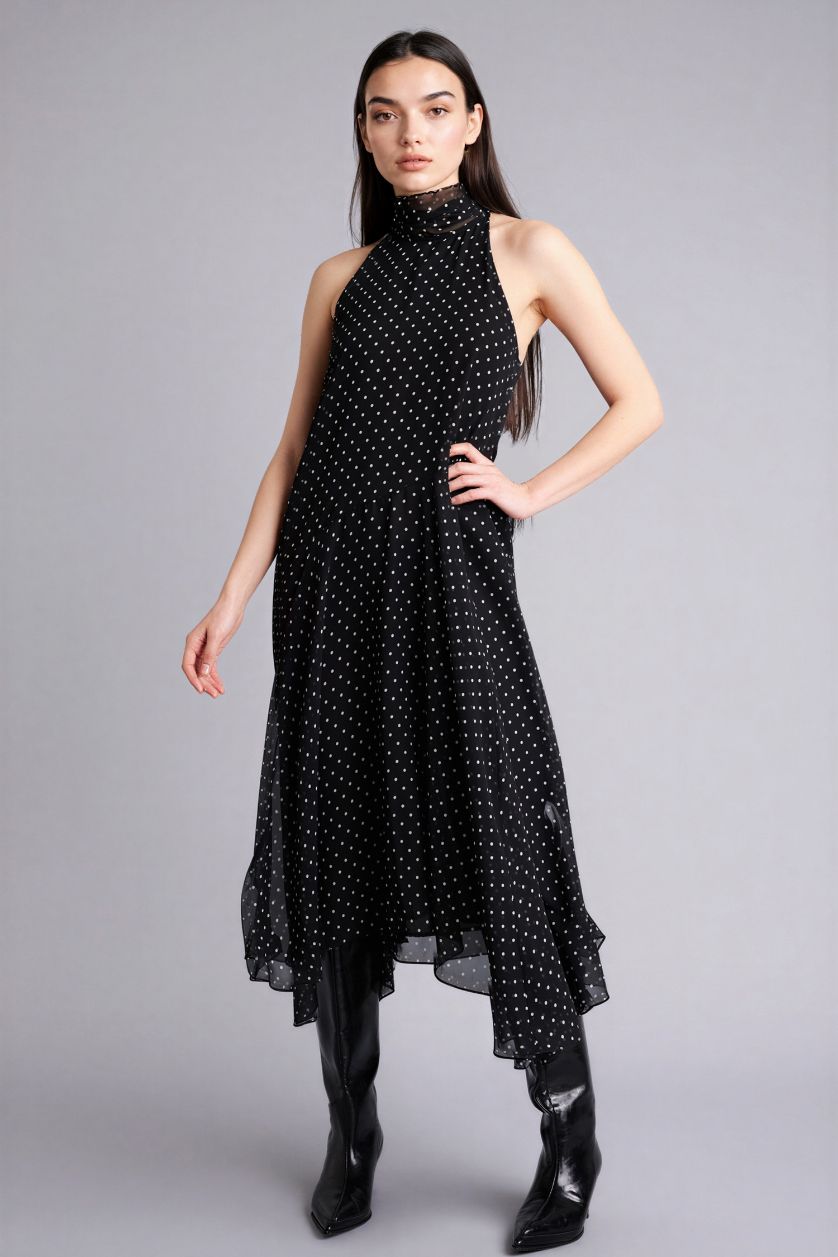 WOMAN Black Asymmetric Degaje Neck Polka Dot Chiffon Midi Dress