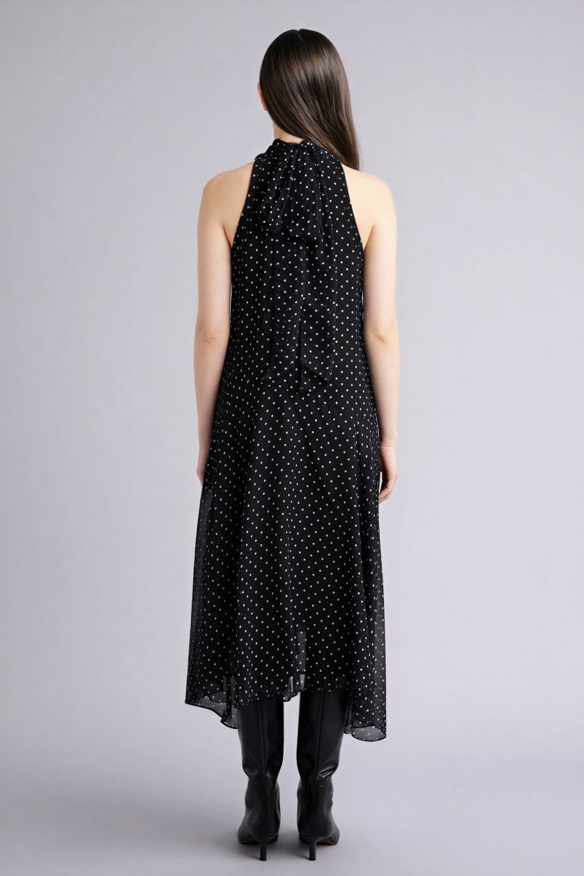 WOMAN Black Asymmetric Degaje Neck Polka Dot Chiffon Midi Dress