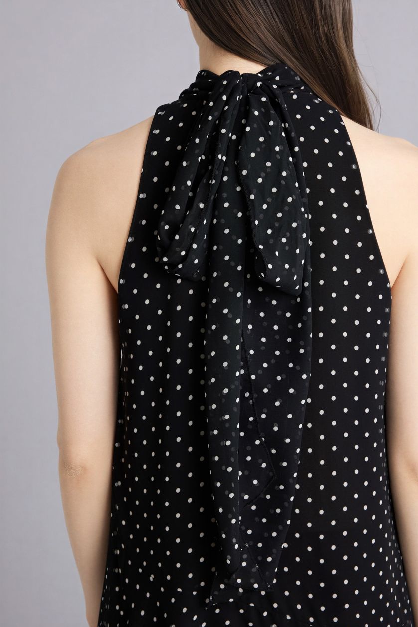 WOMAN Black Asymmetric Degaje Neck Polka Dot Chiffon Midi Dress