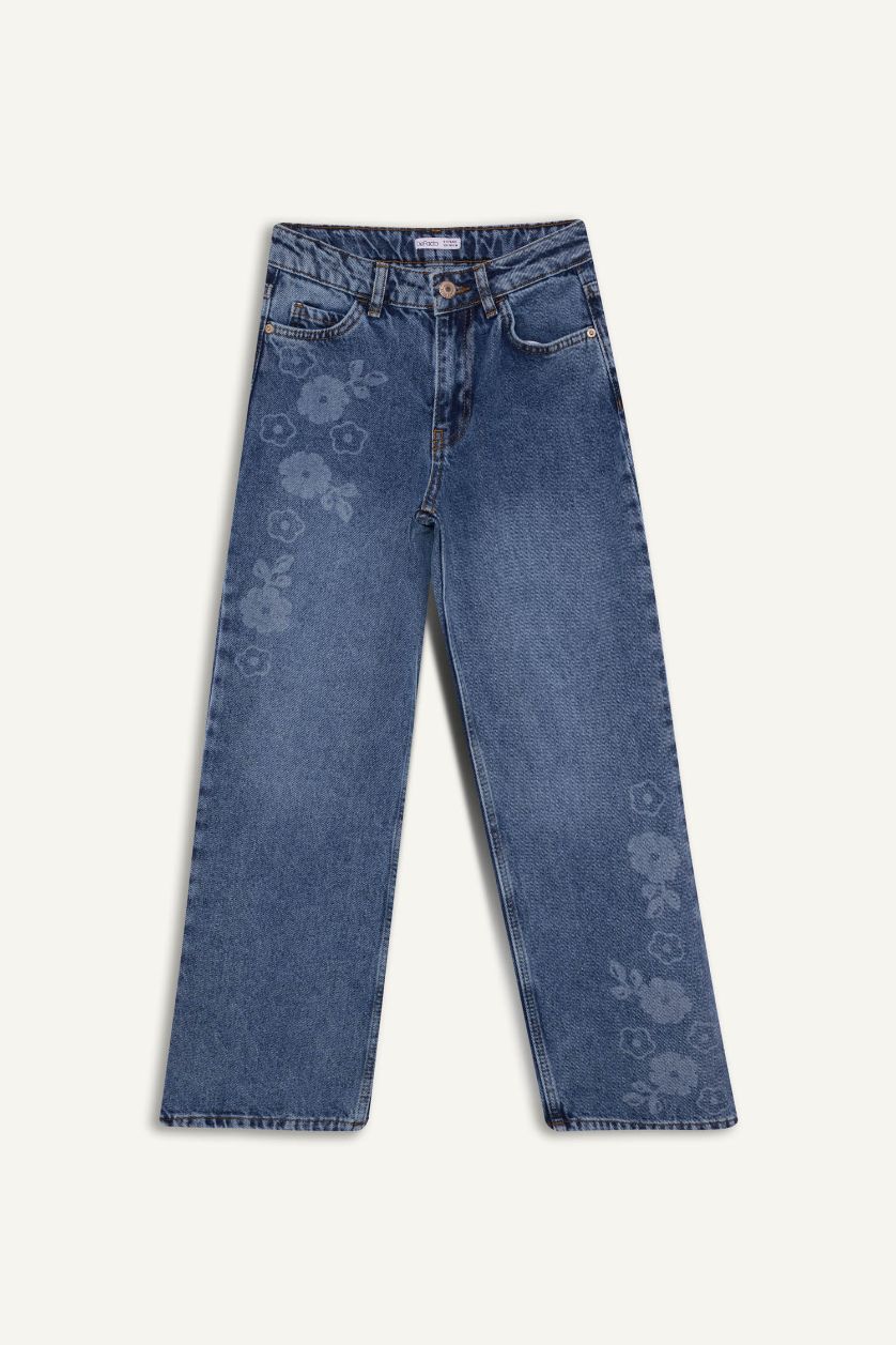 GIRLS & TEENS Dark Blue Girl Straight Wide Leg Floral Print Jeans