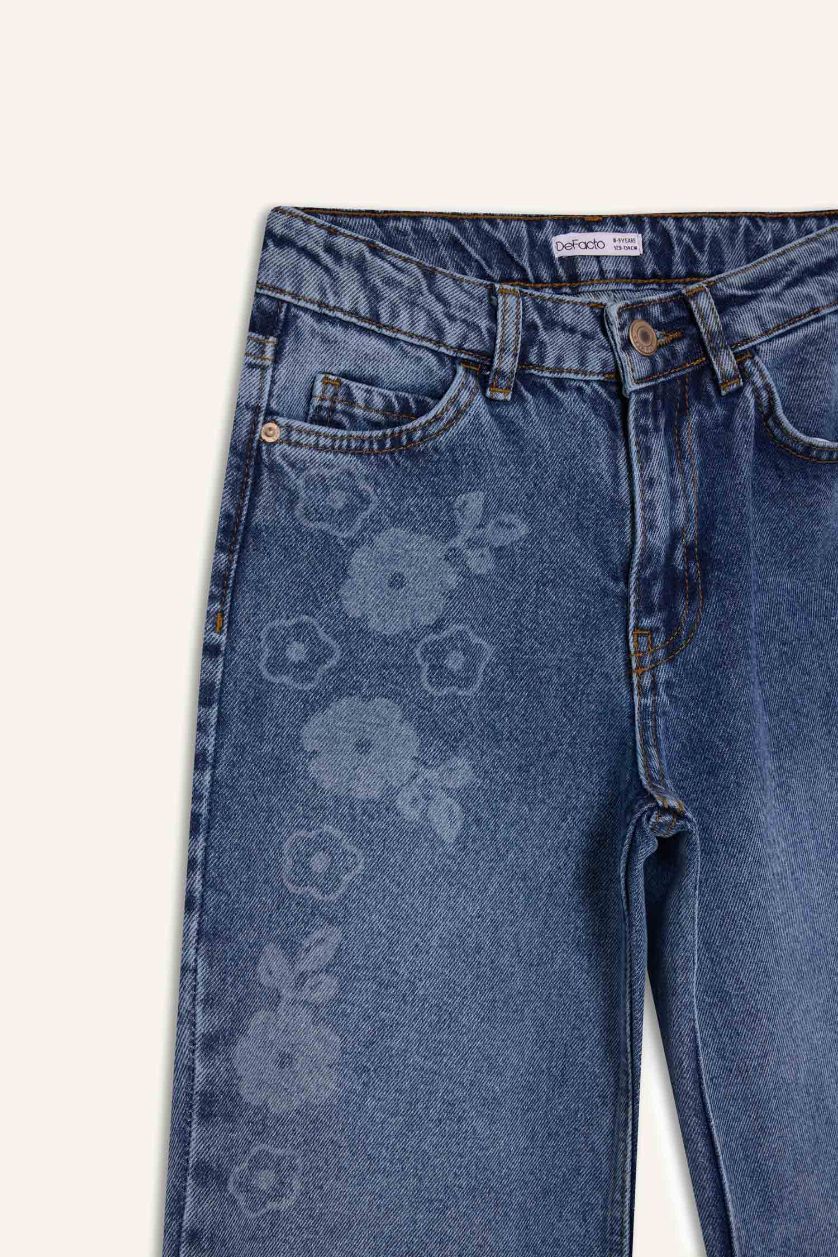 GIRLS & TEENS Dark Blue Girl Straight Wide Leg Floral Print Jeans
