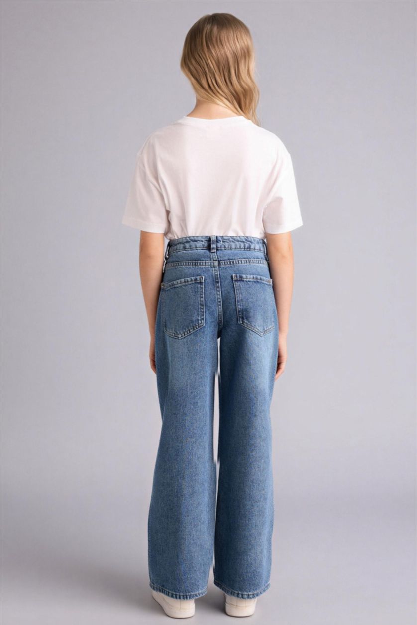 Kız Çocuk - Genç Kız Koyu Mavi Straıght Wıde Çiçek Baskılı Jean Pantolon Kız Çocuk