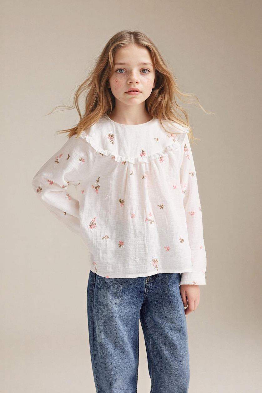 GIRLS & TEENS Ecru Girl Floral Embroidered Muslin Blouse