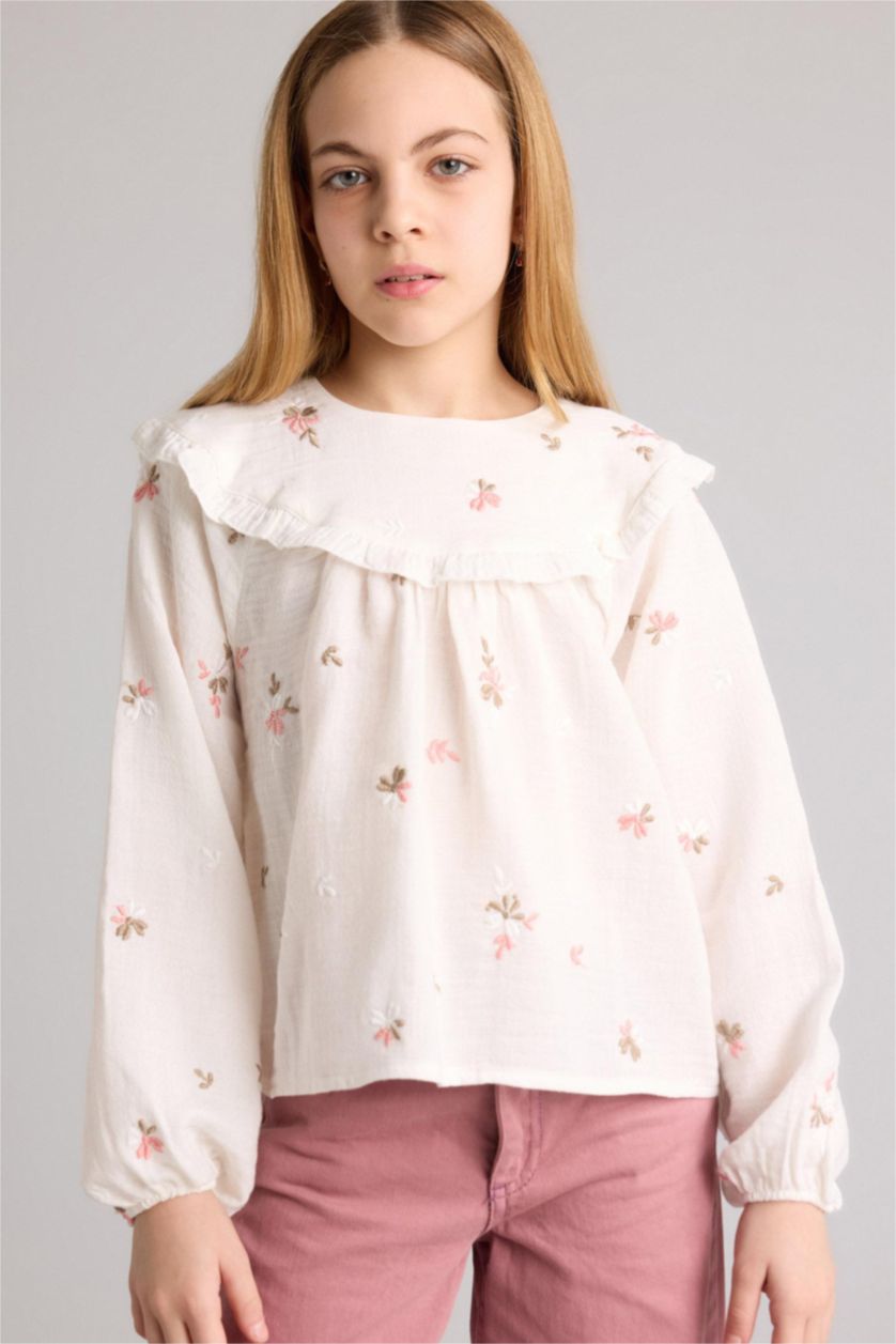 GIRLS & TEENS Ecru Girl Floral Embroidered Muslin Blouse