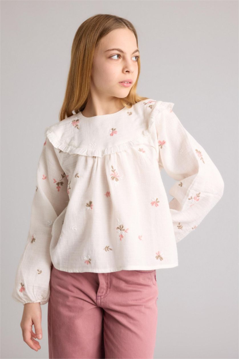 GIRLS & TEENS Ecru Girl Floral Embroidered Muslin Blouse