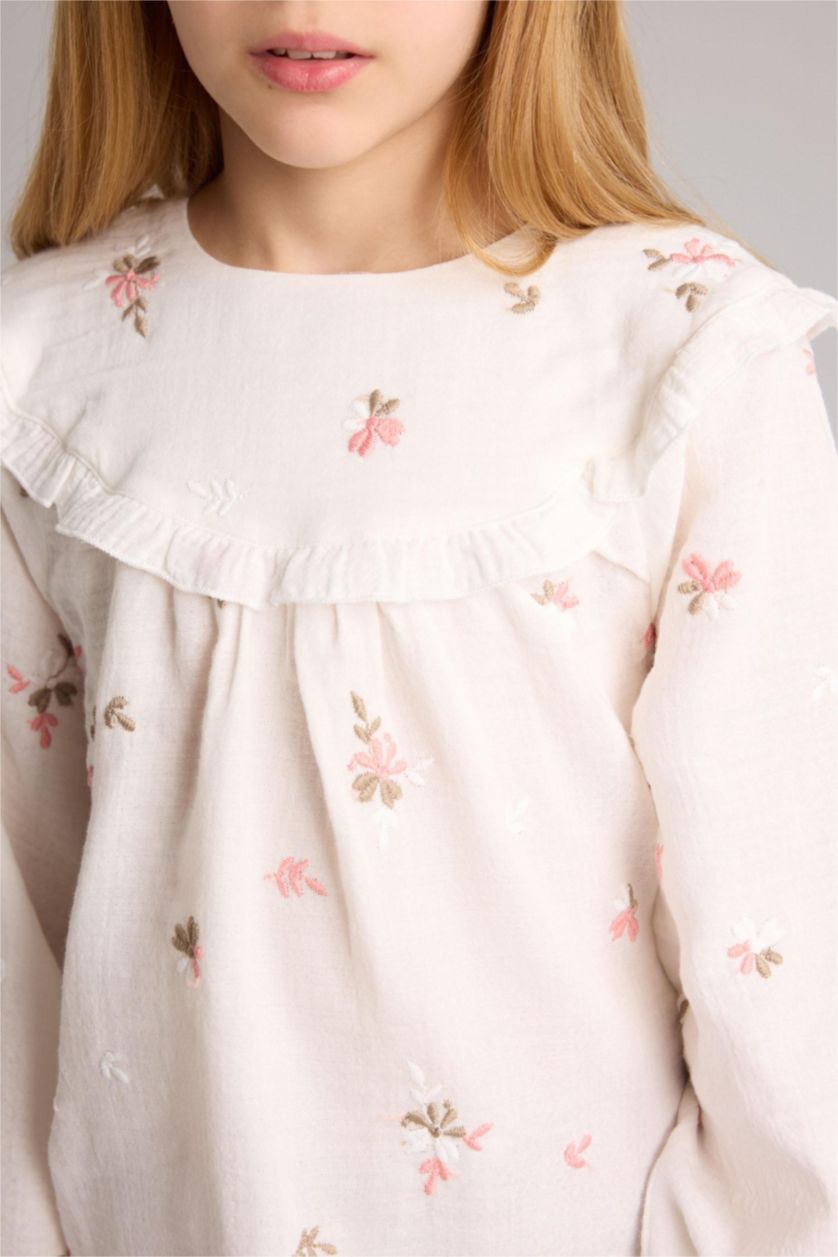 GIRLS & TEENS Ecru Girl Floral Embroidered Muslin Blouse