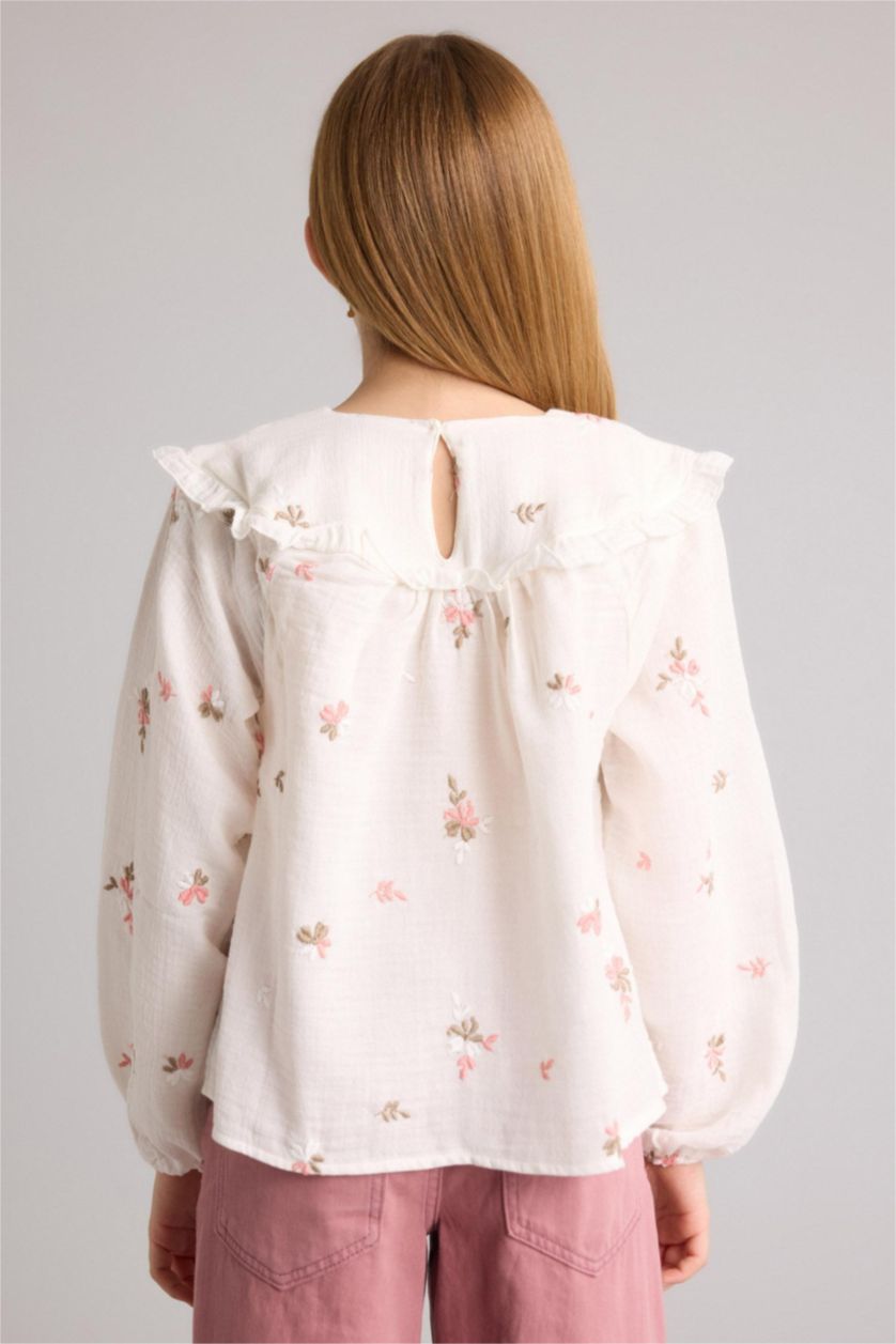 GIRLS & TEENS Ecru Girl Floral Embroidered Muslin Blouse