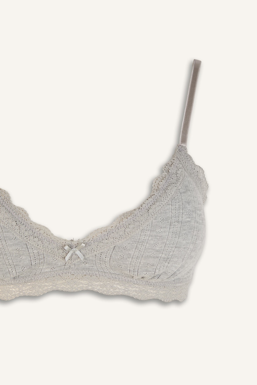 Kadın Gri Melanj Dantelli Çıkarılabilir Pedli Balensiz Bralet