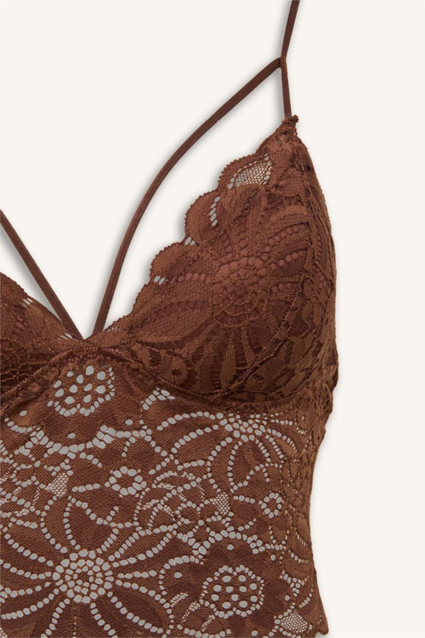 Kadın Kahve Dantelli Dantel Kaplı Pedli