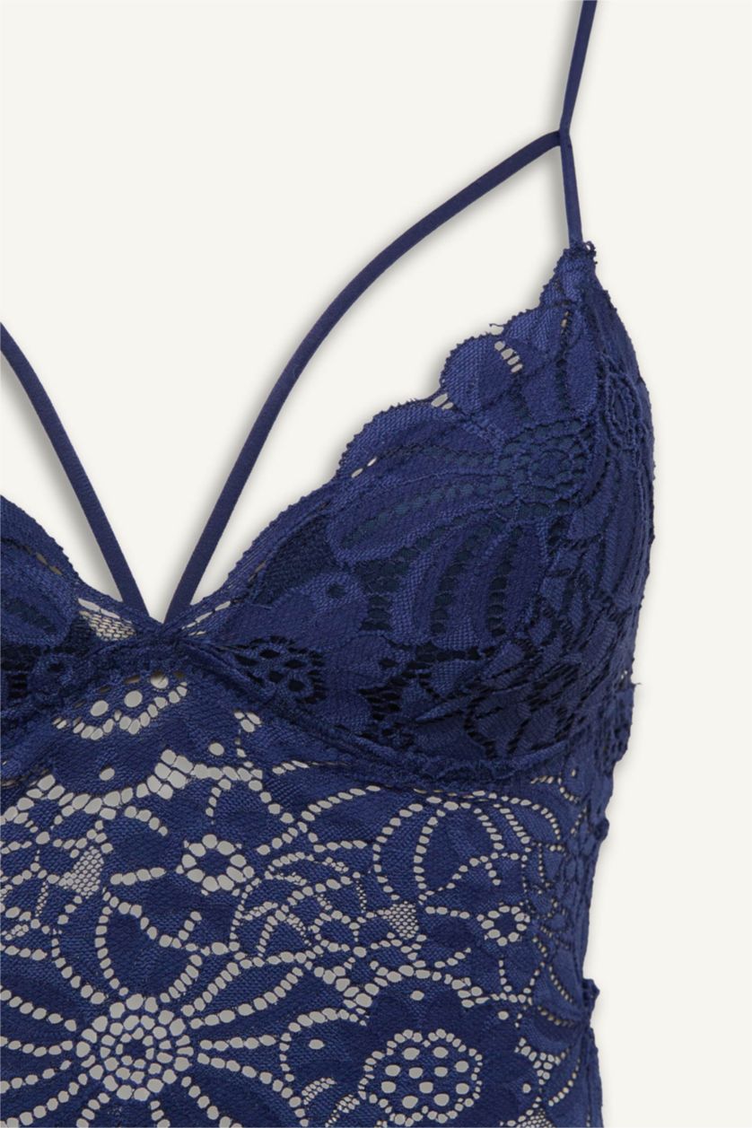 Kadın Lacivert Dantelli Dantel Kaplı Pedli