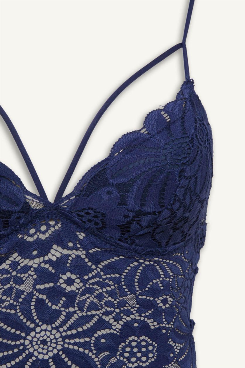 Kadın Lacivert Dantelli Dantel Kaplı Pedli Balensiz Bralet
