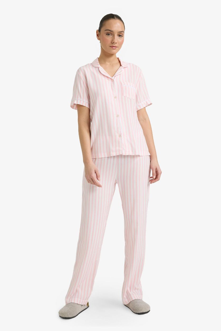 Woman Light Pink Regular Fit Striped Top Bottom 2 Piece Pajama Set