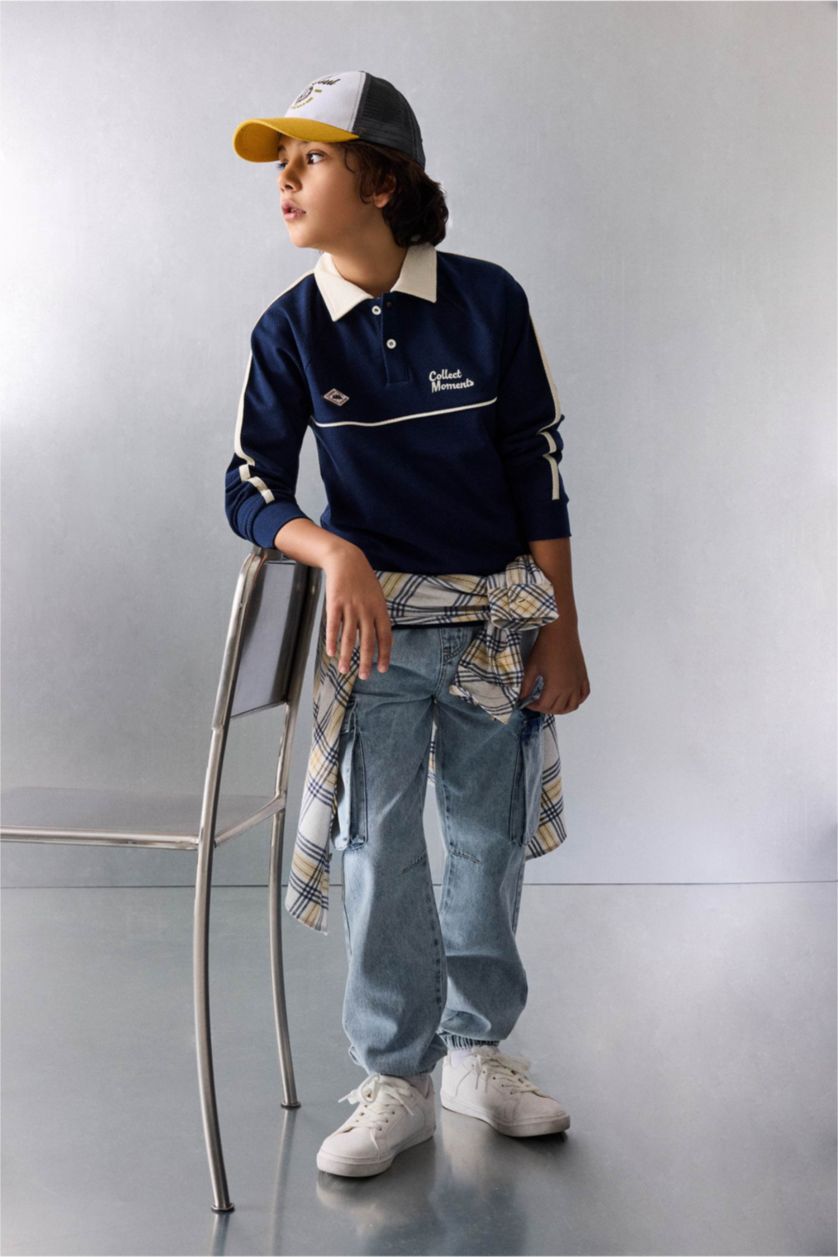 BOYS & TEENS NAVY Oversize Fit Printed Long Sleeve Polo T-Shirt